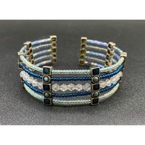 Vintage Iridescent Blue Clear and Silver Tone Beaded Bracelet